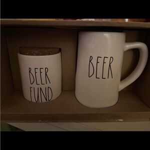 White Rae Dunn Ceramic Beer Mug and Fund Jar Set